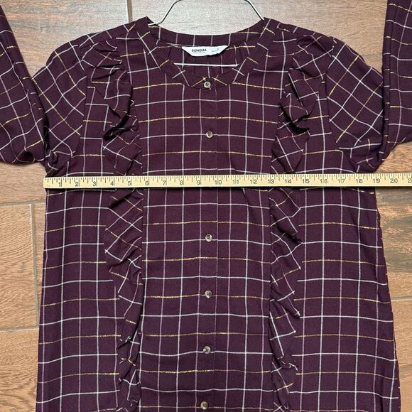 Sonoma Ruffled Flannel Top Womens S Maroon Plaid Button Up Shirt Blouse Small - Picture 3 of 9